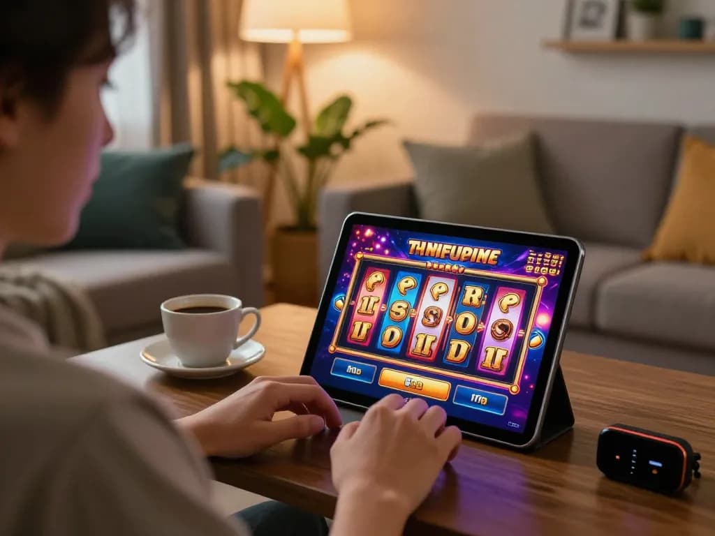 Engaging in exciting slots gameplay on a tablet at home while exploring 789WIN.