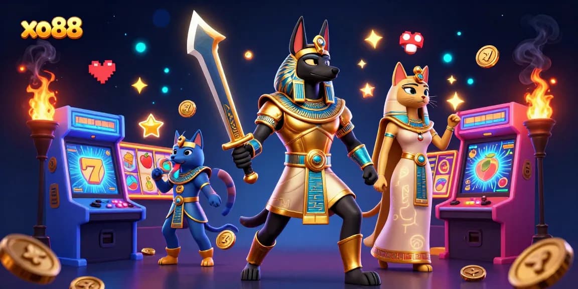 Spin winning reels with xo88's vibrant ancient Egyptian themed slots, featuring Anubis and Bastet in dynamic action.