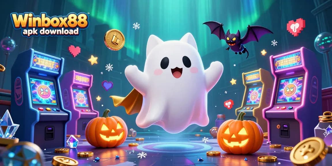 Experience the excitement of Winbox88 apk download with a lively casino scene featuring a friendly ghost cat.