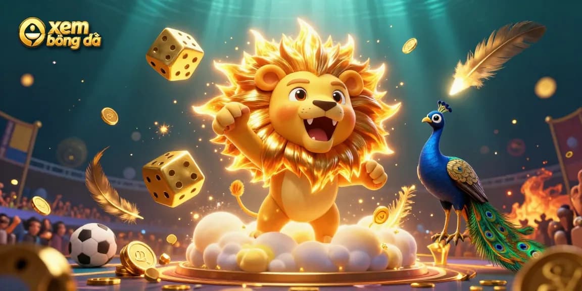 Engage in xem bóng đá betting strategies with a vibrant 3D illustration featuring a lion and dynamic casino elements.