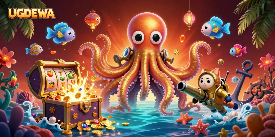 UGDEWA immerses players in a vibrant casino adventure with a cartoon kraken, diving cat, and dynamic slot game elements.