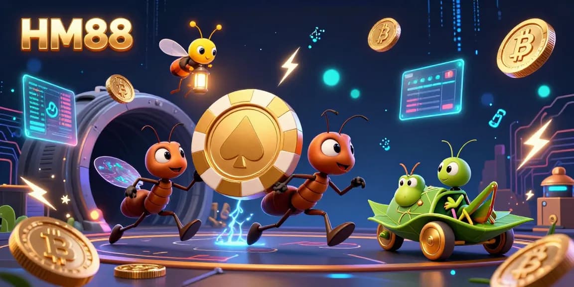 HM88 ants in a heist scene symbolize gaming excitement with poker chips and crypto coins.