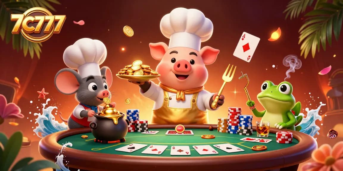 Engage with 7C777's exciting casino atmosphere featuring whimsical characters serving gold and poker elements.