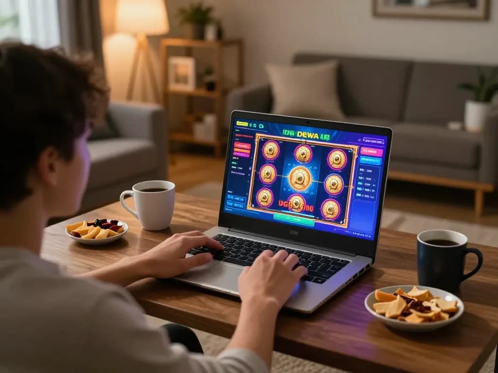 Player enjoying UG DEWA slot games on a laptop in a cozy home setting.