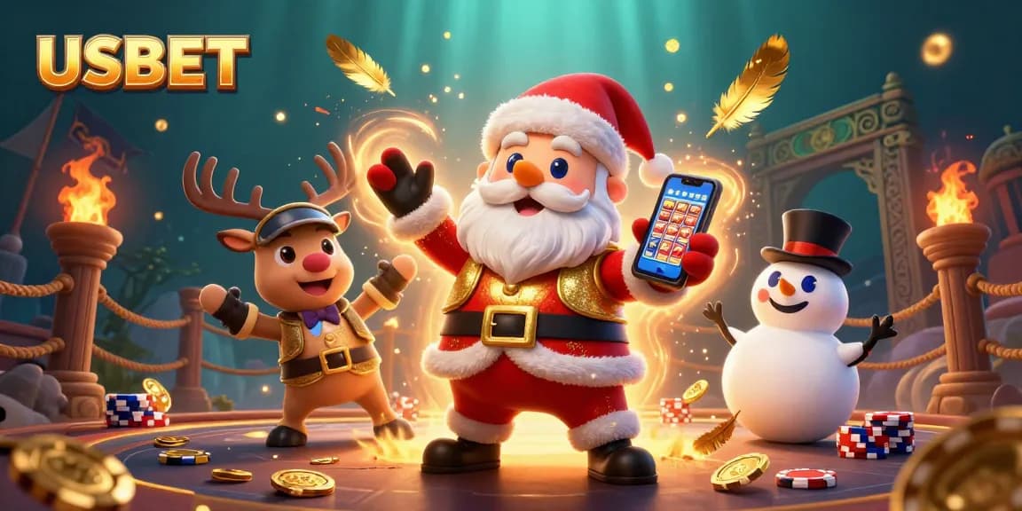 Experience exciting jackpots with USBET's vibrant casino scene featuring Santa Claus and friends.