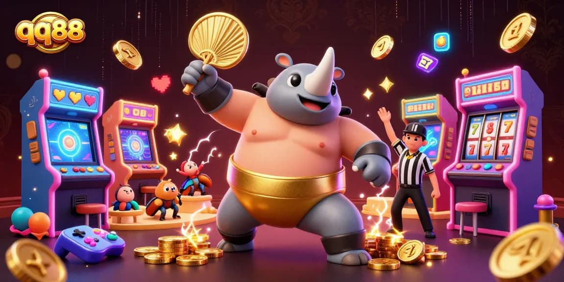 Experience thrilling slots at qq88 with a dynamic scene featuring a sumo beetle champion.