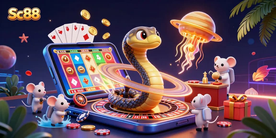 Engage with Sc88's cosmic casino adventure featuring a Saturn snake and betting astronaut mice in a vibrant 3D illustration.