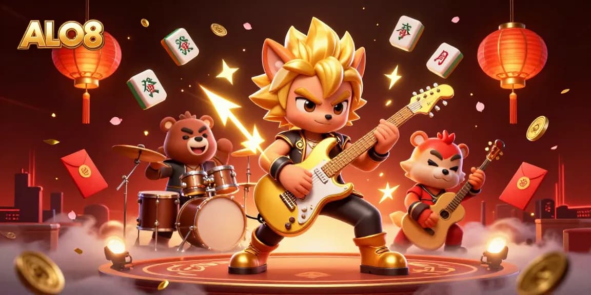 Capture the excitement of ALO8 with a vibrant 3D illustration of a wolf rock star and a drummer bear.