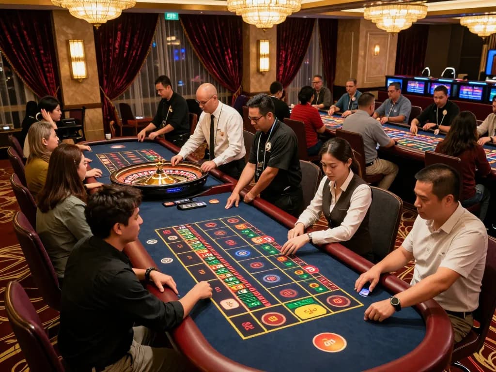 Players placing bets at a lively roulette table at rokok88, showcasing vibrant casino atmosphere.