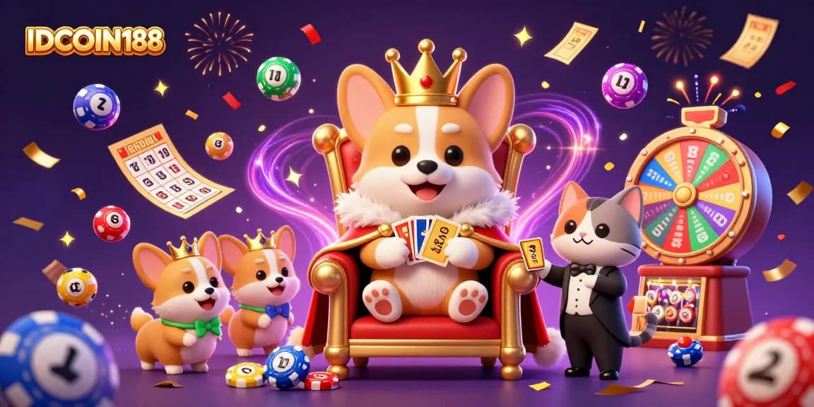 Experience the excitement of IDCOIN188 with a playful royal corgi wearing a crown in a vibrant casino scene.