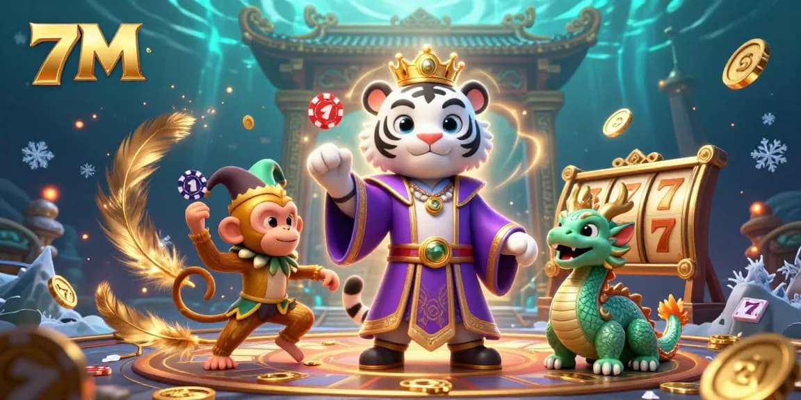 Engage with 7M's vibrant online slots featuring an animated golden monkey and a majestic tiger.