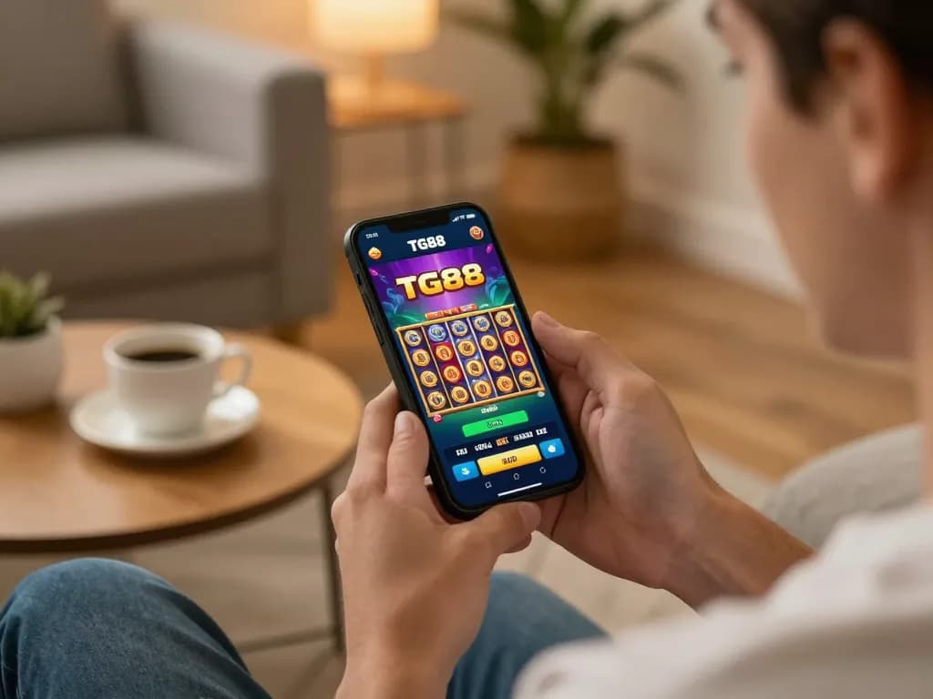 TG88 player engaging with the casino app on smartphone in a comfortable home setting