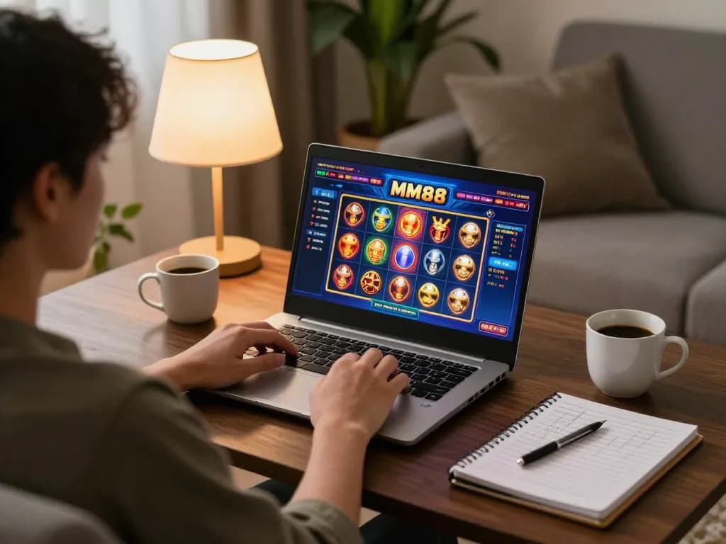 Player immersing in MM88 online gaming with laptop, showcasing vibrant slot machines