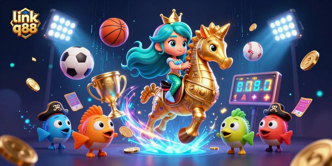 Experience thrilling action at link q88 with a vibrant 3D scene featuring a mermaid princess riding a seahorse in a dynamic casino setting.