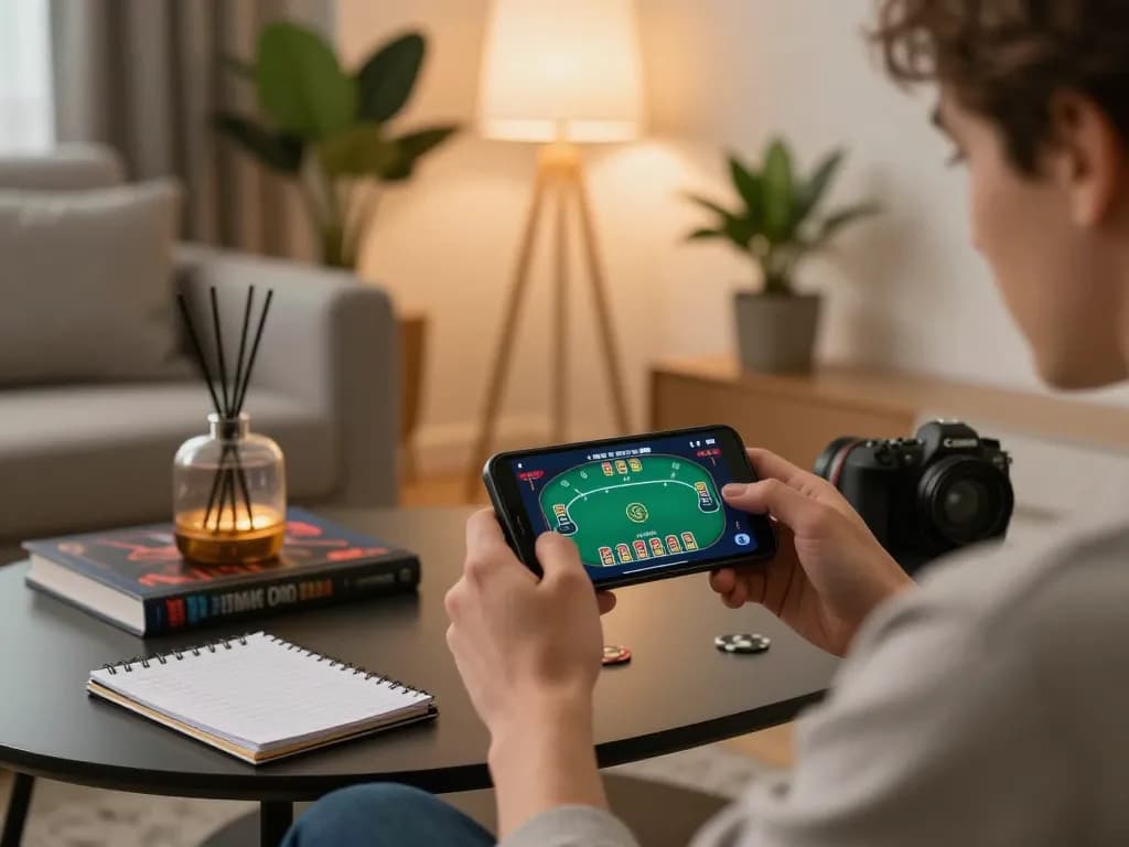 Player enjoying mobile gambling experience with 58win app, showcasing poker strategy notes and ambient lighting.
