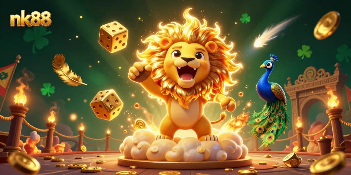 Engage in thrilling games at nk88 with exciting visual elements like golden dice and a roaring lion.