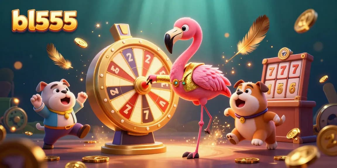 Spin to win big at bl555 with an exciting cartoon illustration of a flamingo and bulldog celebrating at a giant prize wheel.
