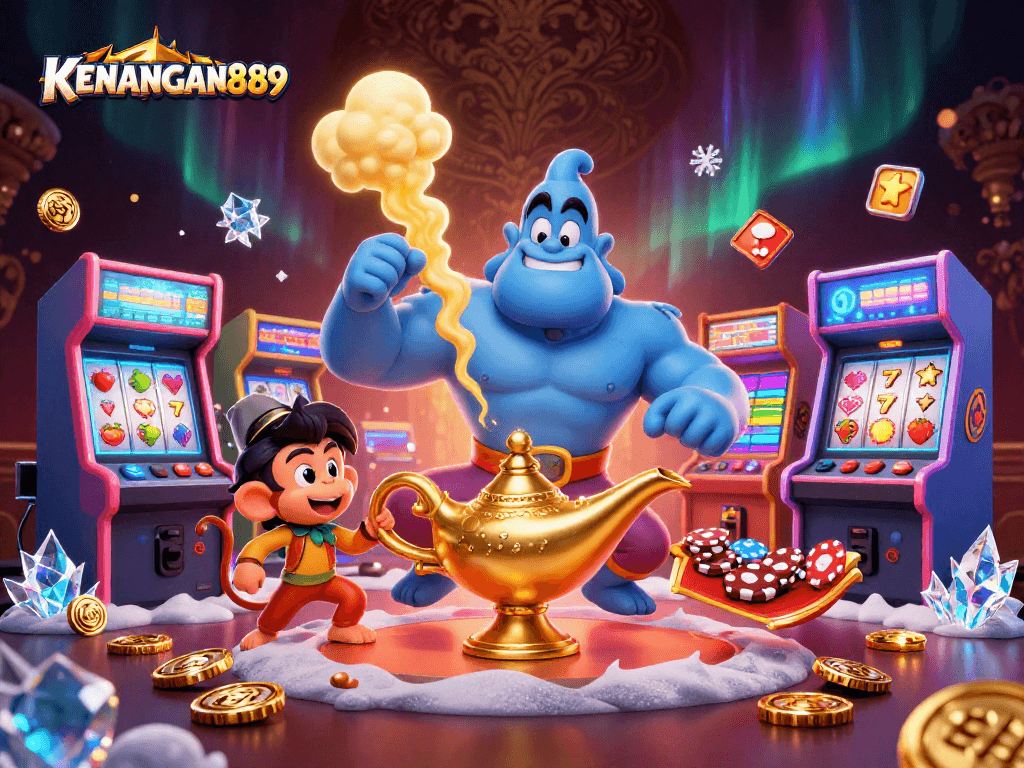 Play exciting games at KENANGAN889 amidst a vibrant casino scene filled with action and rich details.