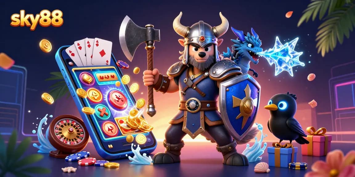 Sky88 elevates gaming excitement with a vibrant scene of epic characters and casino elements.