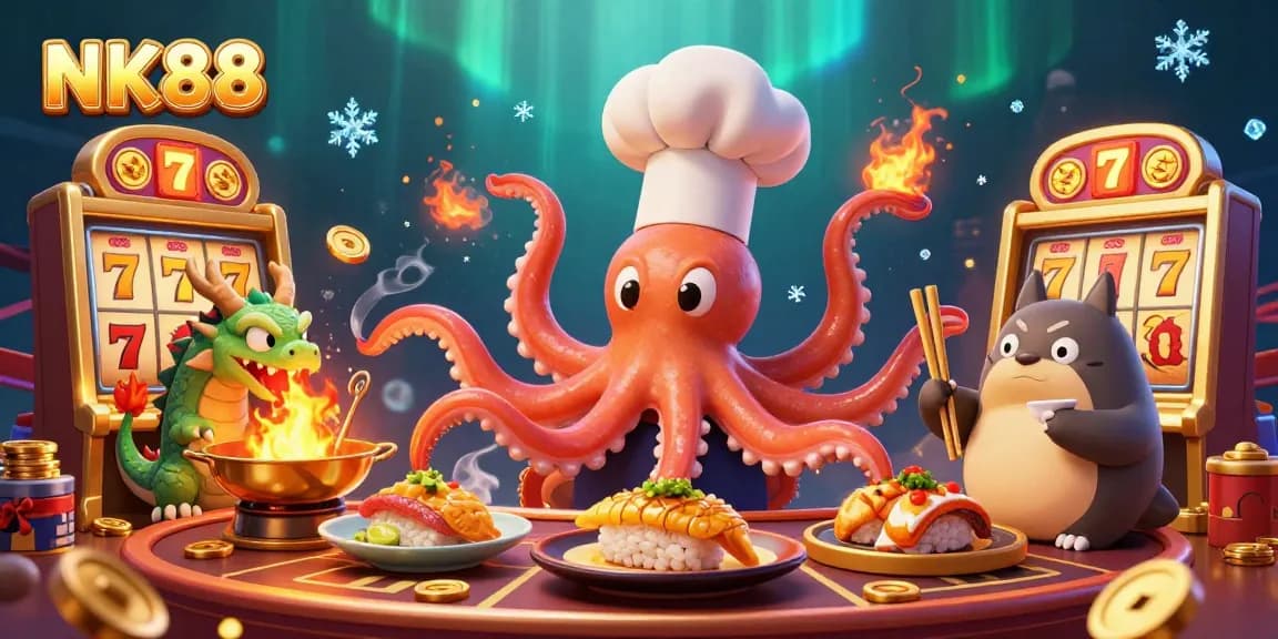 Experience NK88's vibrant casino scene with a sushi chef octopus and dragon amidst golden reels and tokens.
