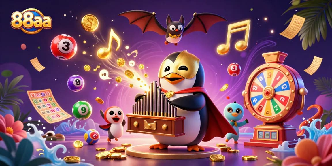 88aa penguin plays organ in casino scene with golden tokens and colorful lottery elements