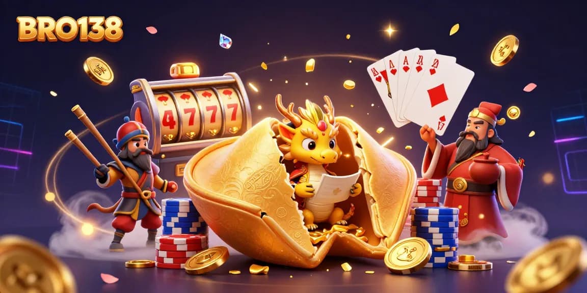 BRO138 players winning big with vibrant slots, golden coins, and a wise dragon in a dynamic casino scene.