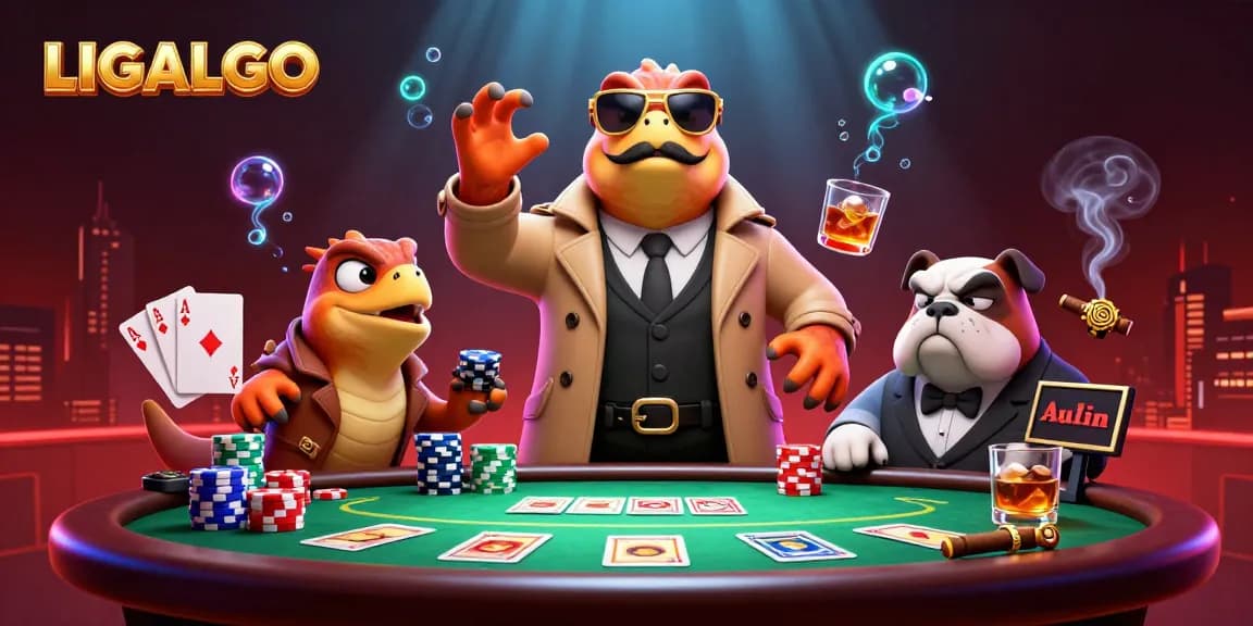 LIGALGO offers an engaging VIP casino experience with raptors in disguise, poker tables, and vibrant colors.