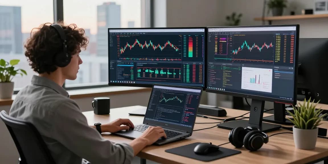 Developer using India stock real-time API in a modern workspace with multiple monitors and financial data.