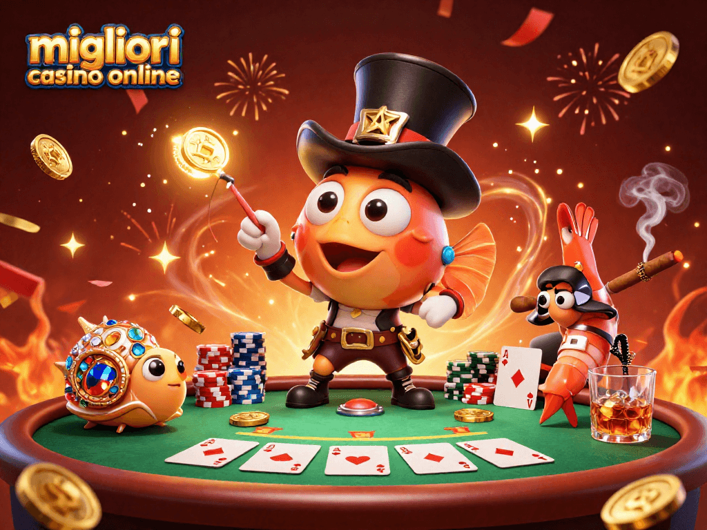 Scopri i migliori casinò online con un divertente pesce angler in un cappello a cilindro e un gamberetto pirata.