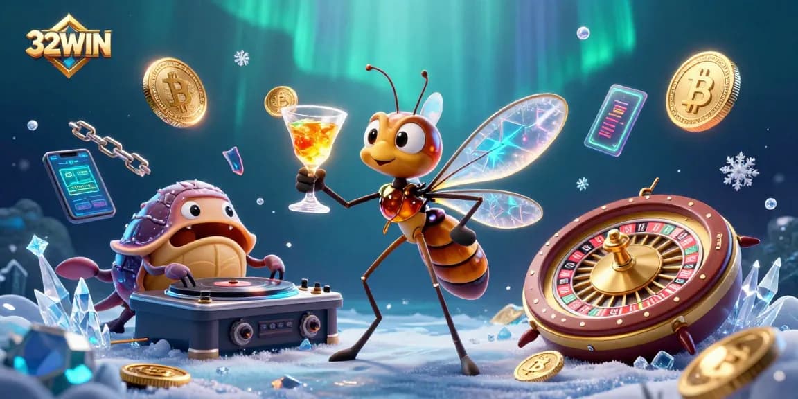 Engage with 32WIN to unlock a vibrant casino gaming experience featuring unique characters and crypto elements.