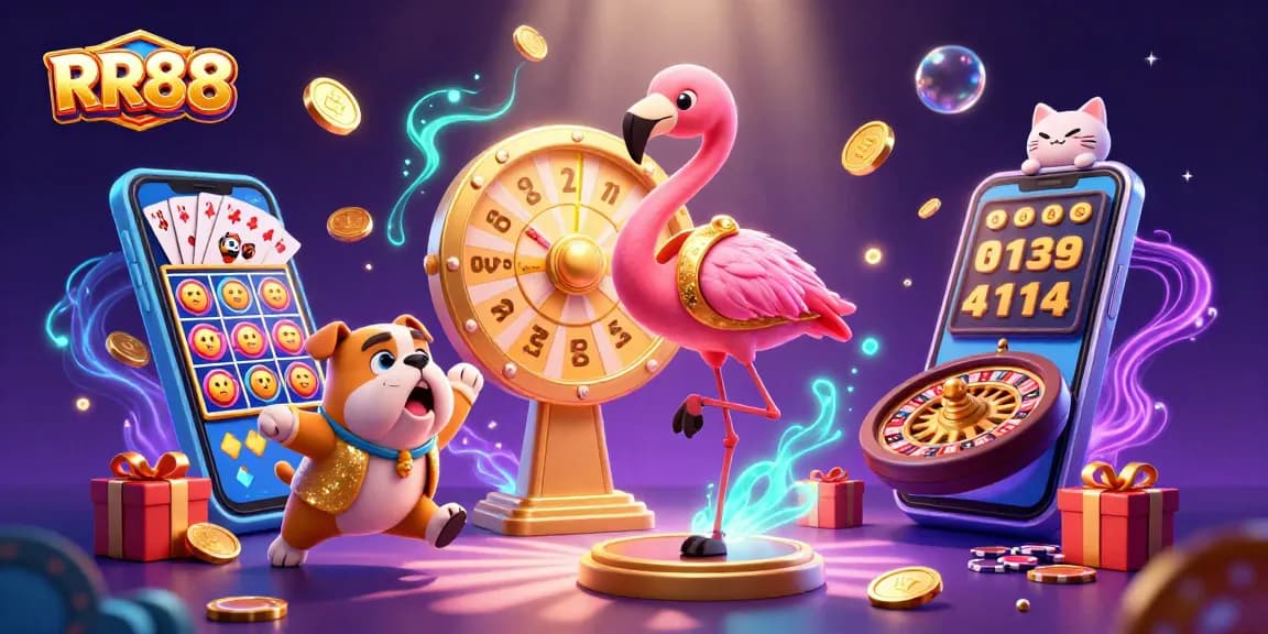 RR88 showcases an exciting scene of a flamingo host and bulldog contestant spinning a prize wheel.