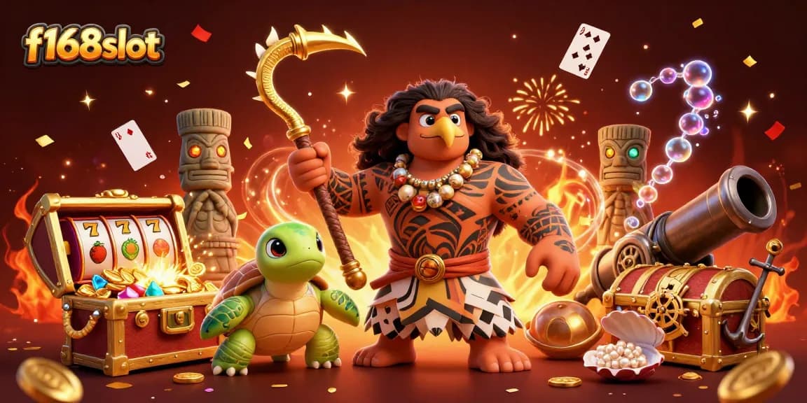 Engage in f168slot's vibrant casino adventure with a demigod and turtle amidst treasures.