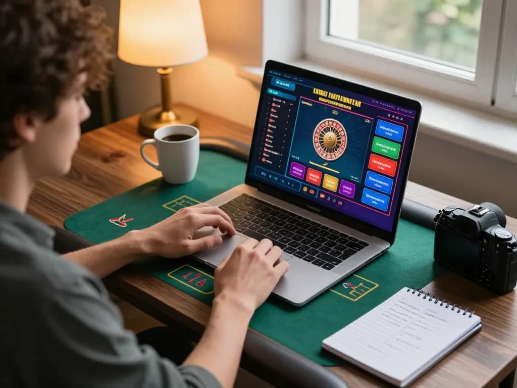 Player enjoying live casino games on laptop, enhancing tr88 bankroll management strategies at home.