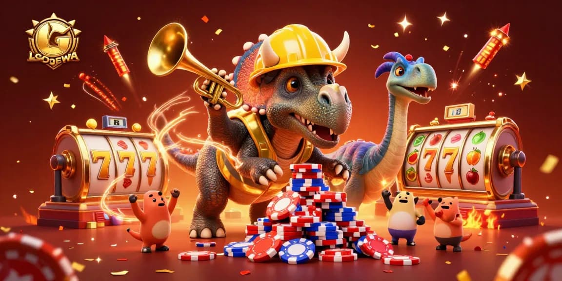 Engage with LGODEWA's vibrant online casino adventure featuring dynamic poker chip construction and festive elements.