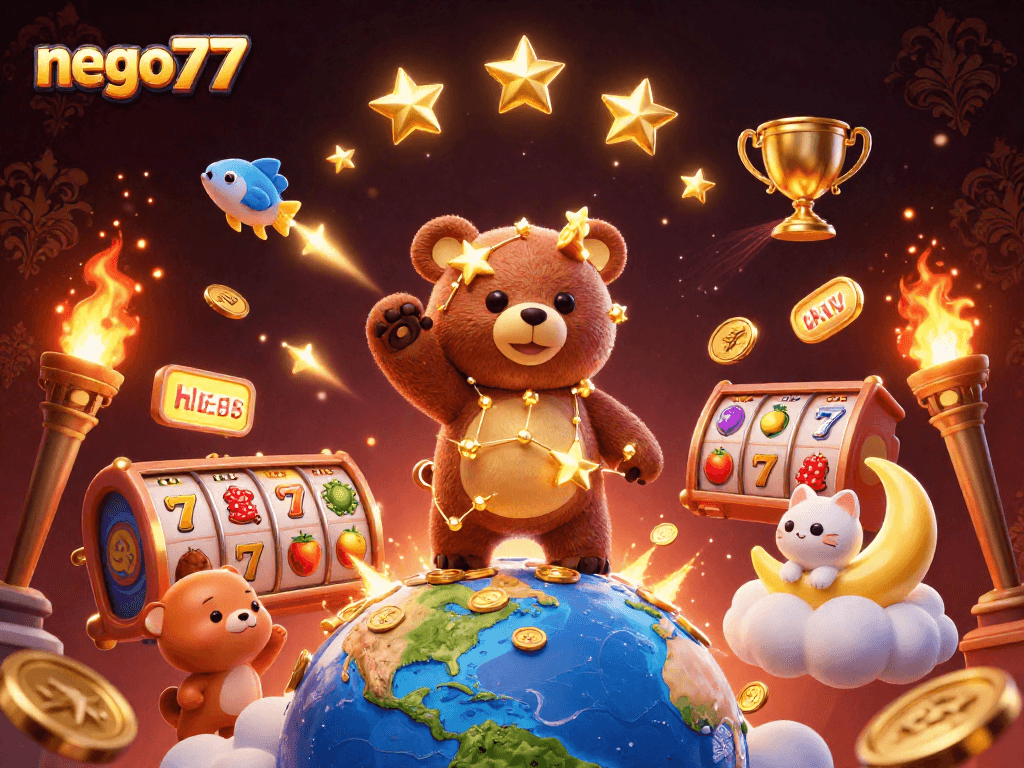 Engage with nego77's golden star-themed promotional casino scene filled with vibrant slot elements.