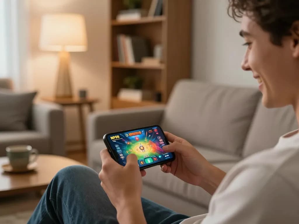 Player enjoying online gaming on smartphone, showcasing MPO08 Link in a cozy setting.