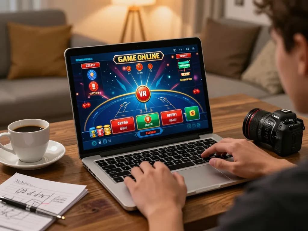 Engaging in exciting GAME ONLINE with a laptop displaying a live casino interface in a cozy home setting.