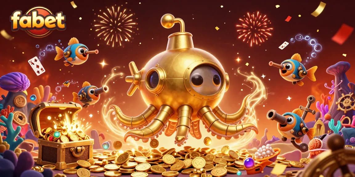 Engage in exhilarating gameplay with fabet, featuring a mythical kraken submarine amidst golden coins.
