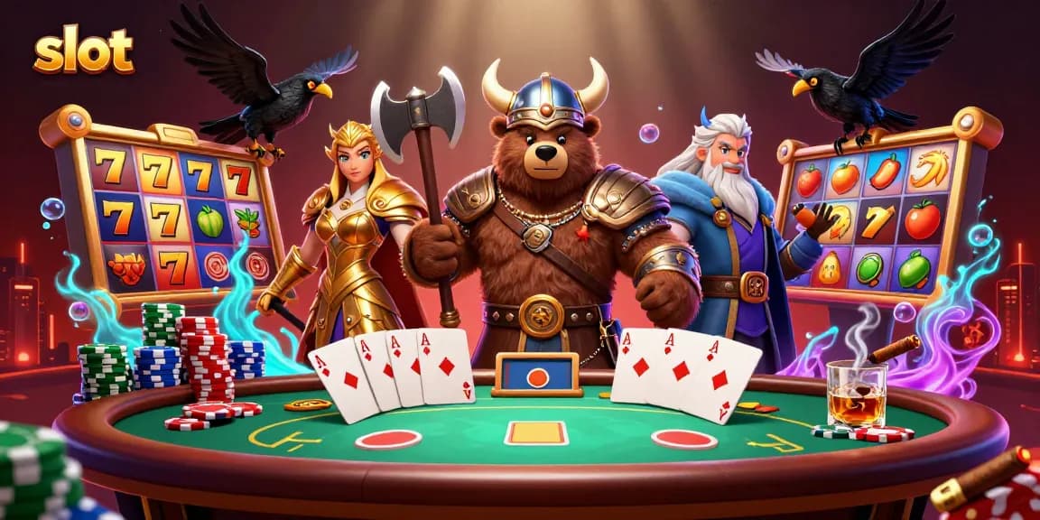 Spin the slot reels in this vibrant 3D illustration featuring a Viking bear and Valkyrie eagle.