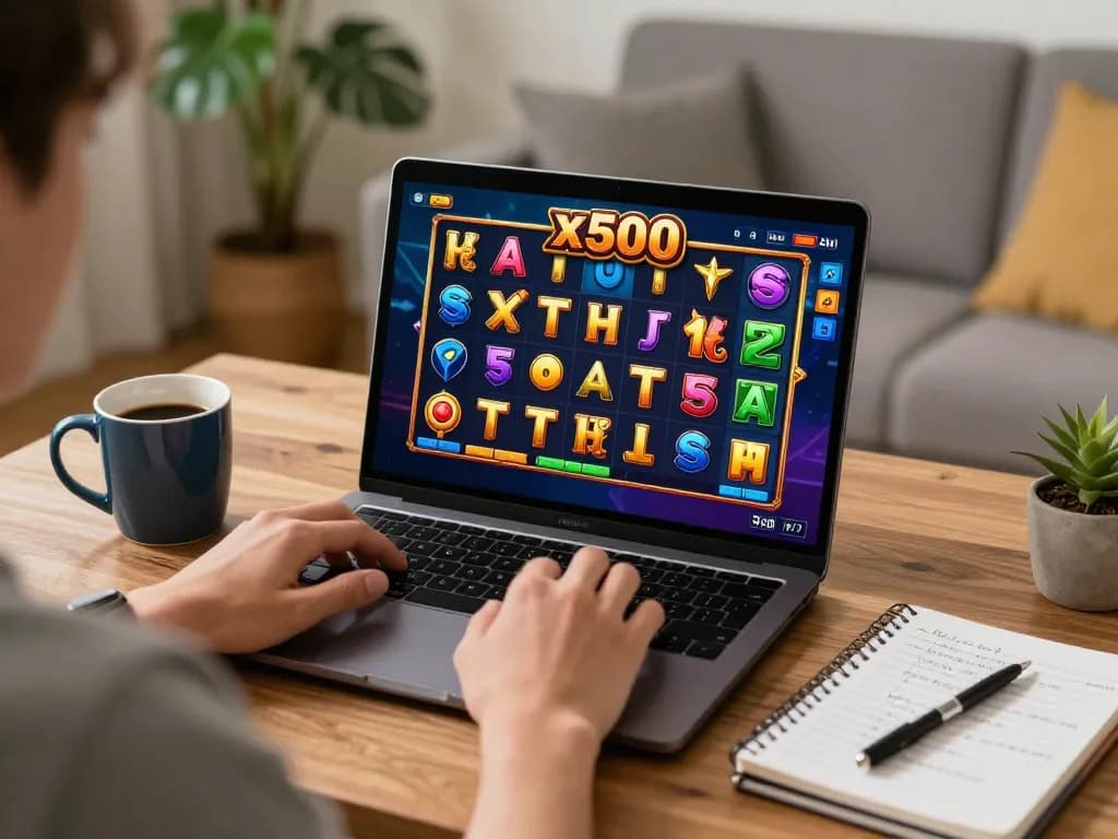 Play Slot x500 on a laptop with strategies at hand, immersed in online gaming action.