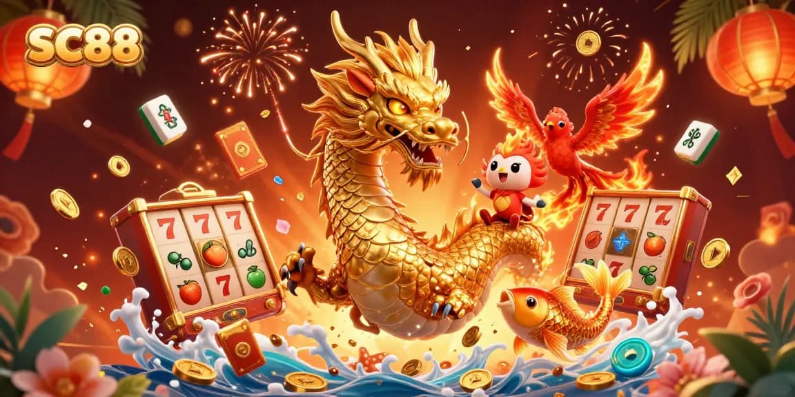 Experience the thrilling world of SC88 with vibrant casino elements and dynamic characters like a dragon and phoenix.