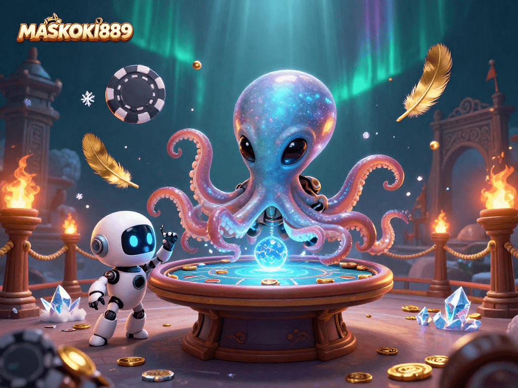 Engage with the alien octopus at MASKOKI889's holographic poker table among vibrant cosmic elements.