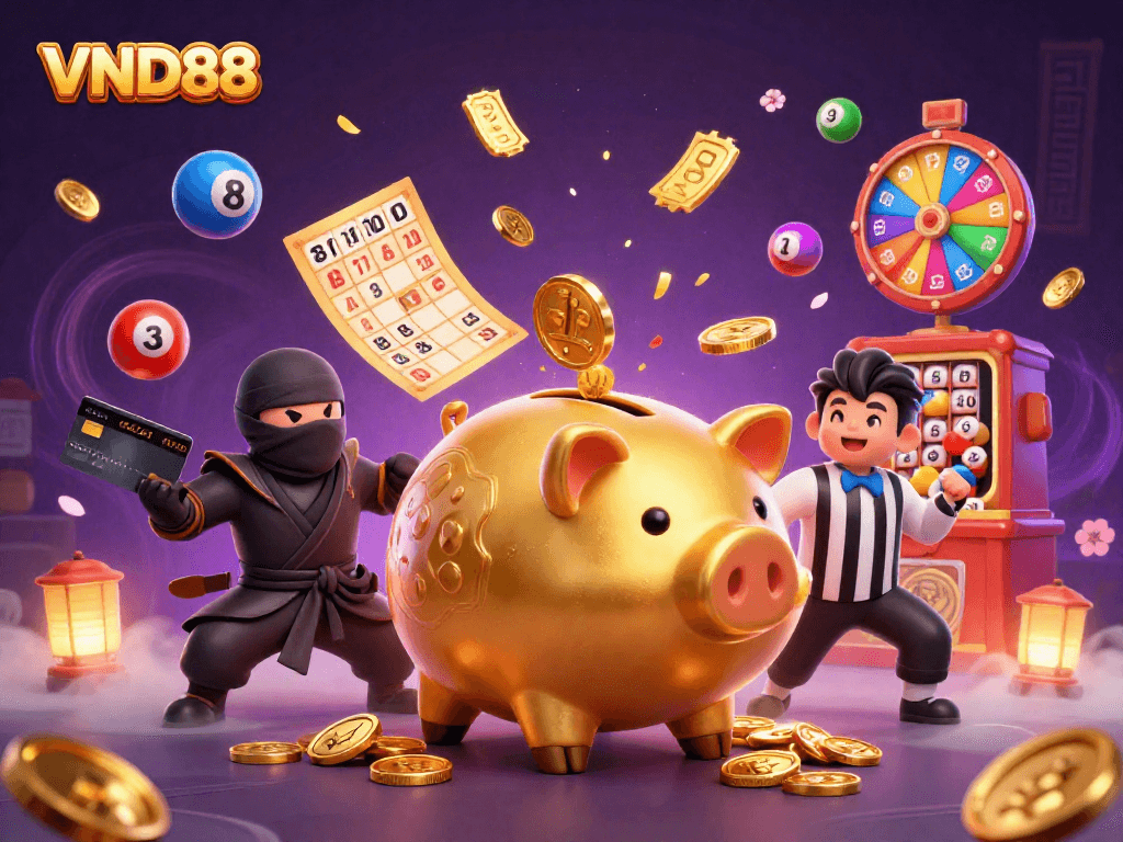 VND88 engages players with an exciting 3D illustration of a piggy bank sumo wrestler and game elements.
