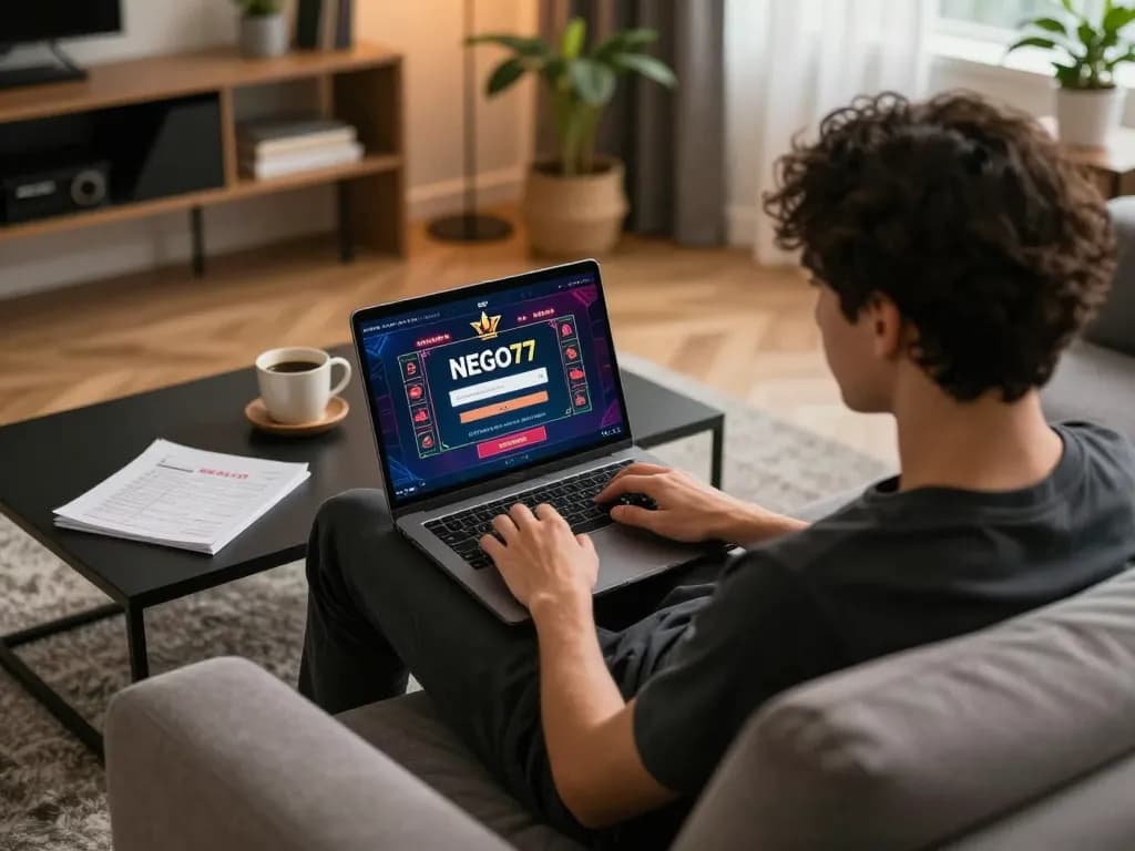 Engaging in NEGO77 login from a cozy home gaming setup while enjoying casino games.