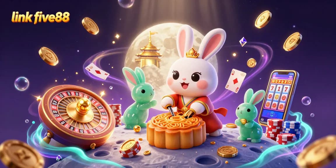 Experience the magic of link five88 with a dynamic casino scene featuring a moon rabbit and poker chips.