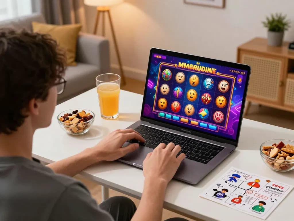 Engaging in online MM88 gaming with vibrant slot visuals, reflecting a cozy and responsible atmosphere.