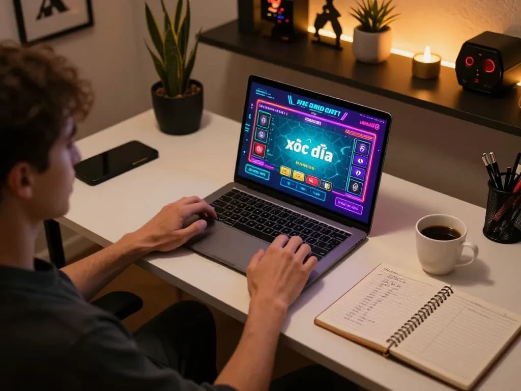Xóc đĩa online gameplay on a laptop, showcasing betting strategy in a cozy home environment.
