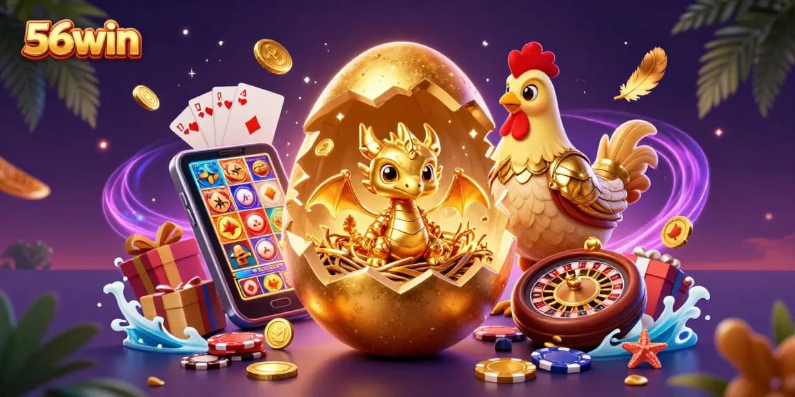 Experience the excitement of 56win with a golden dragon and vibrant casino elements in a thrilling scene.