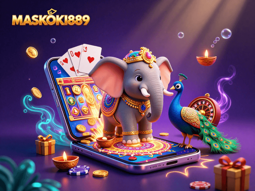 Engage with MASKOKI889's vibrant 3D illustration showcasing a festive casino environment with rich details.