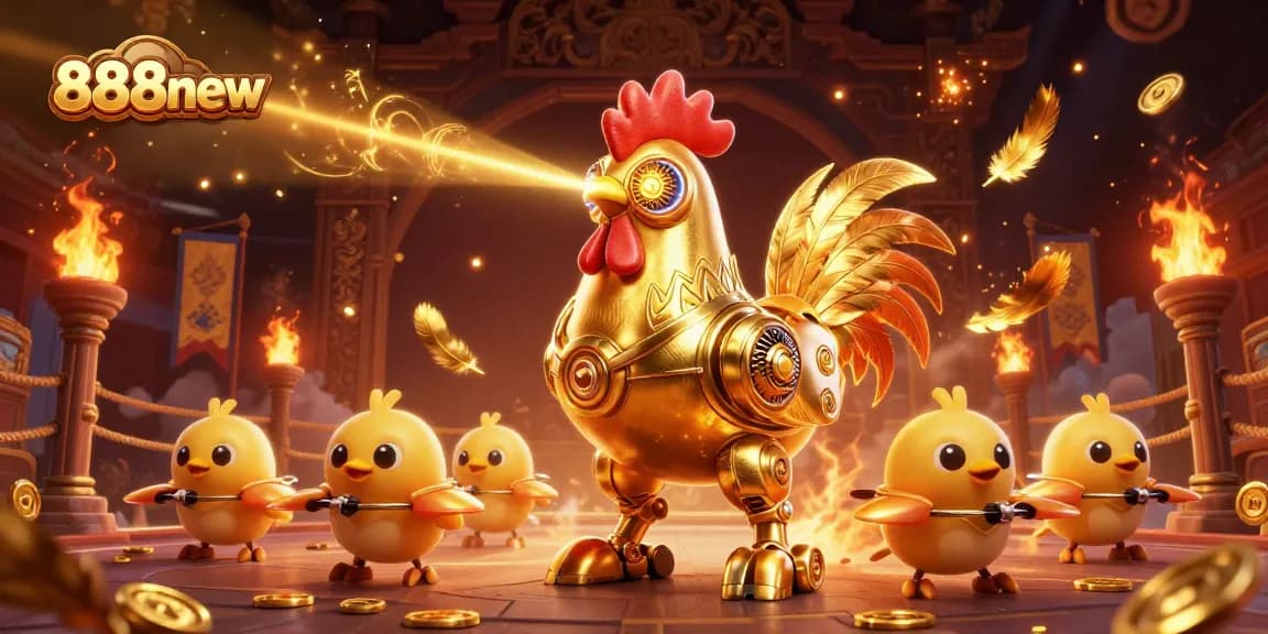 Join the thrill at 888new with a futuristic golden rooster robot, surrounded by exciting gambling action.